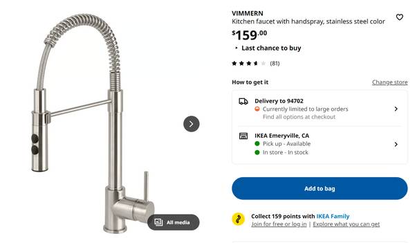 NEW Ikea VIMMERN Kitchen Faucet with Pull-Down Spray Handle 1