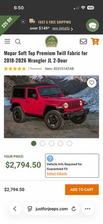 Mopar Soft Top Premium Twill Fabric for 2018-2026 Wrangler JL 2-Door I 1