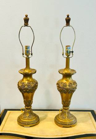 Pair Berman Hollywood Regency Gilded Lamps 1