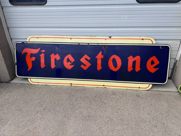 Original  1949 FIRESTONE PORCELAIN “HOT DOG” SIGN – 3’ x 9’ 1