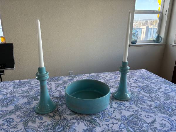 turquoise glazed terracotta candlesticks or bowl 1