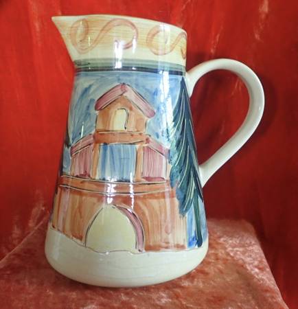 PITCHER: Ceramic. Cabin/Forest Scene. Made in Portugal 10-cup Capacity 1