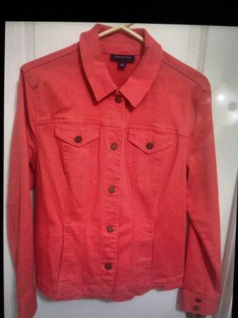 Ladies Large coral colored denim jacket 1