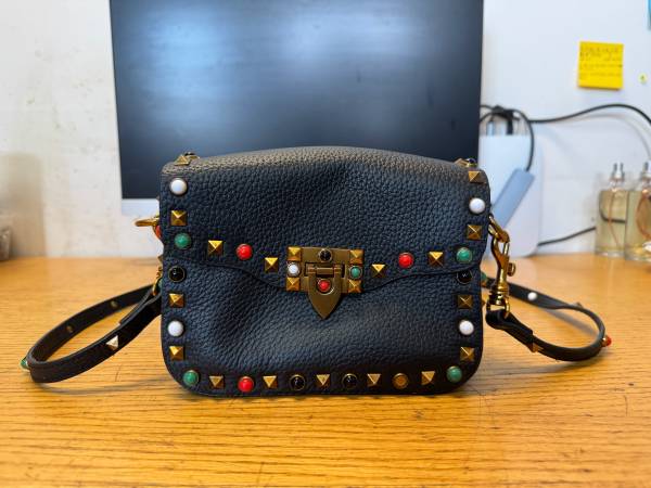 Black Leather Rockstud Rolling Crossbody Bag 1