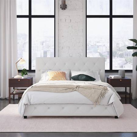 Upholstered Platform Bed, Queen Size, White 1