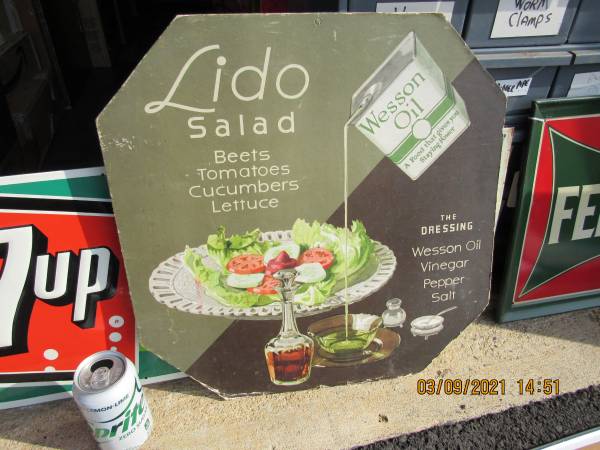 WESSON OIL LIDO SALAD CARDBOARD SIGN IN TIN CAN 1940's 1