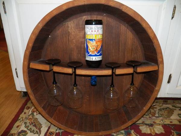 Very Nice Oak Barrl Head  Glass and bottle Display Rack 24"Dia. 6"Deep 1