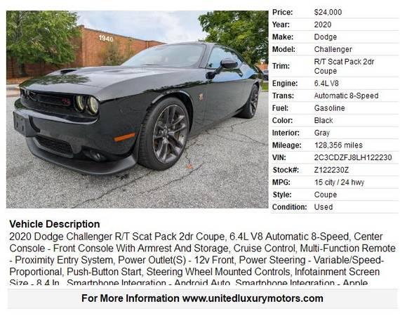 2020 Dodge Challenger R/T Scat Pack 2dr Coupe - $24,000 (Stone Mountain)63621215322115121