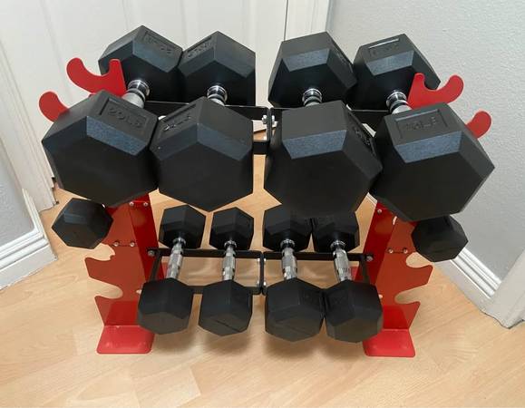 HEX DUMBBELLS and RACK (NEW) Pairs of 5, 10, 15, 20, 25 lbs - HOME GYM 1