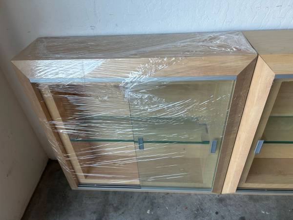 Display cabinets, made from solid maple with glass sliding doors and glass shelv 1