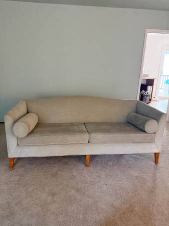 Mid-Century Modern Sage Green Sofa with Bolster Pillows 1
