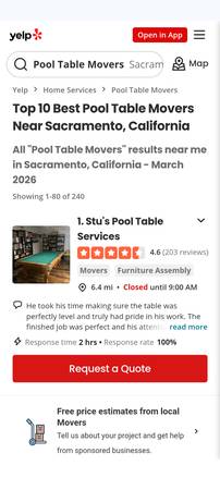 Pro Pool Table Mover. With hunderds of reviews on yelp and google 1