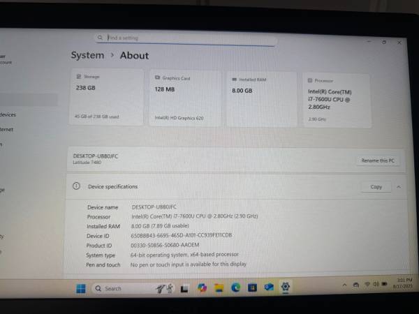 Dell Latitude 7480 portátil de 14" HD - 4 núcleos 2,6 GHz, 8 GB, 256 GB WIN11 - 225 $ (North Liberty)63435737070721121