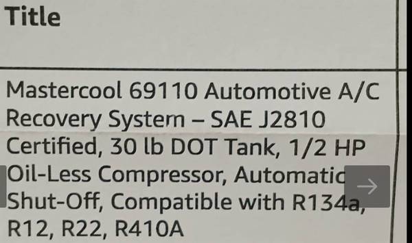 MASTERCOOL 69110- Unidad Portátil de Recuperación de Aire Acondicionado R134A - $650 (Sacramento)63619231006211123