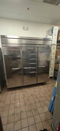 Beverage Air Three Section Stainless Steel Reach-In Refrigerator. 1