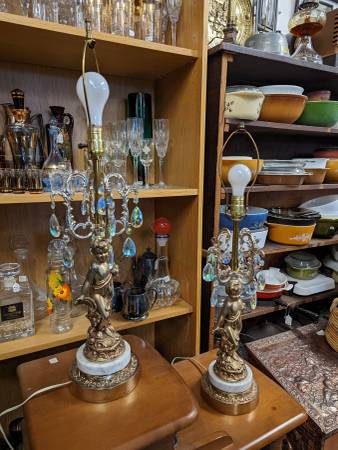 Hollywood Regency Cherub Crystal Brass and Marble Desk Lamp Pair 1