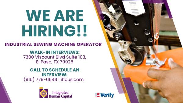 We're Hiring! Industrial Sewing Machine Operator 1