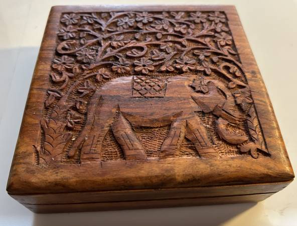 Nice Hand-Carved Wooden Box-Elephant Under Tree 1