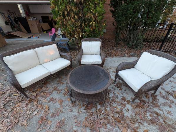 Full patio set (couch, two chairs, round table) w/2 full sets of cushions 1