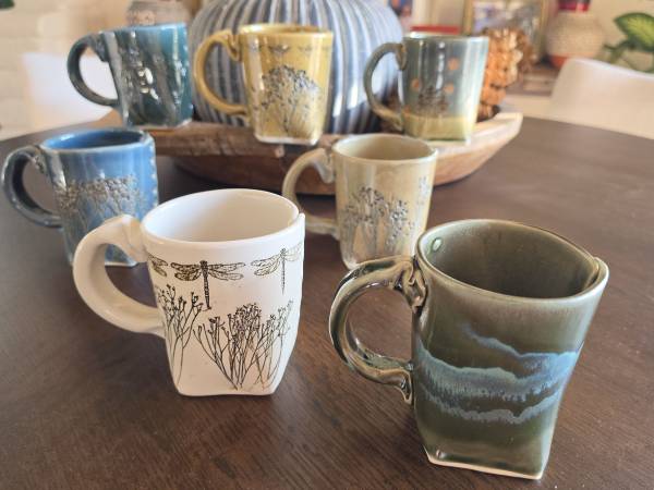 Coleen Deiss Designs Slab-Built Art Pottery Mugs - Complete Set of 7 1