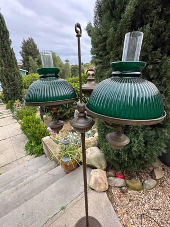 Antique Victorian Style double student floor lamp.Brass w/ green glass 1