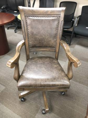 Used Fullding Traditional Desk Chair, Walnut Wood, Brown Leatherlike 1