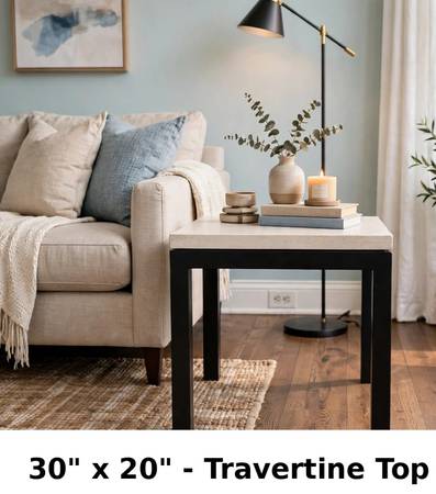Crate and Barrel side table travertine top, black metal base 1