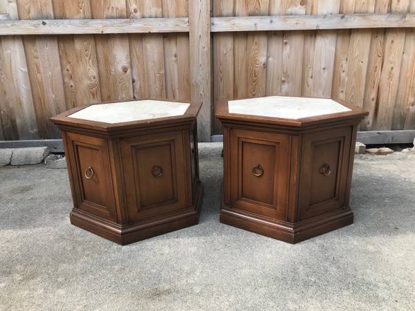 Two vintage hexagon marble topped ringed end tables 1