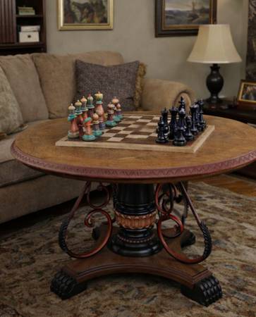 Custom Solid Oak Chess Table w/ Artistic Hand-Painted Pieces – One of a Kind 1