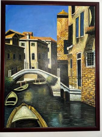 Large Venice Boat Painting by Anakawa in Wood Frame 43.25 x 33 inch 1