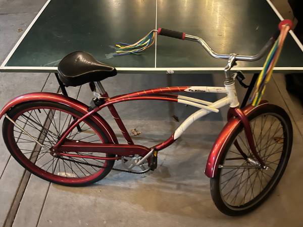 Red white stanford colors beach cruiser bike with lights 1