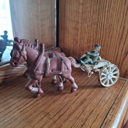 Antique Cast Iron Horses, Wagon, Driver 1
