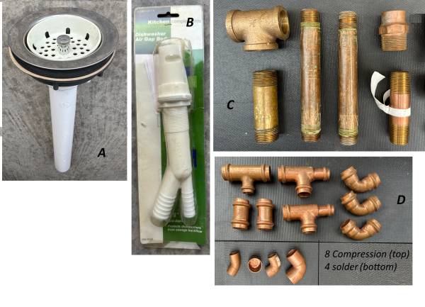 Plumbing: Sink Strainer; Air Gap; Copper and brass fitings 1