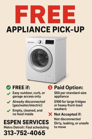 🆓 Free metal appliance pick-up 🚛 Outdoor/garage only ✅ Inside: $50–$10 1