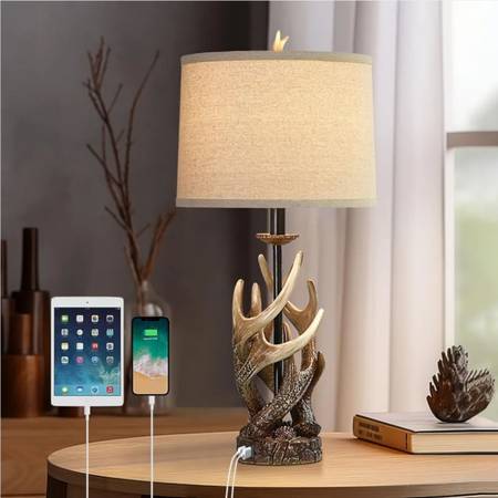 Rustic Deer Antler Table Lamp 28" Farmhouse Cabin Decor with Dual USB Ports 1