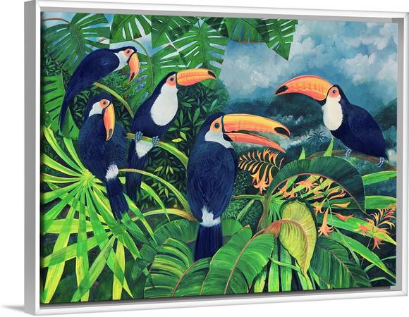 Large 48"x 36" stretched canvas print - Toucans & Tropical Beach 1