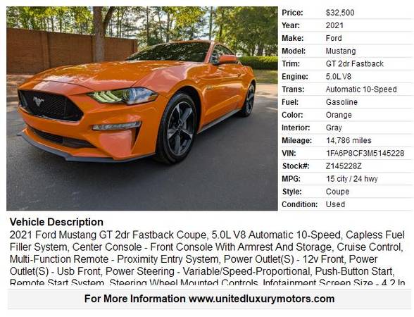 2021 Ford Mustang GT 2dr Fastback Coupe - $32,500 (Stone Mountain)63620911512707121