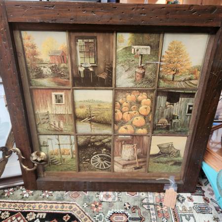 Cottage Core, Homco B. Mitchell 12-panel window pane picture featuring an autumn 1