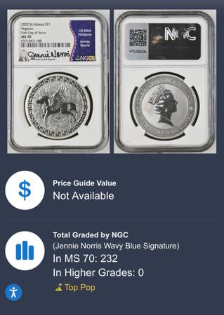 2022 St Helena $1 Pegasus 1oz Silver NGC MS70 FDI TOP POP Jennie