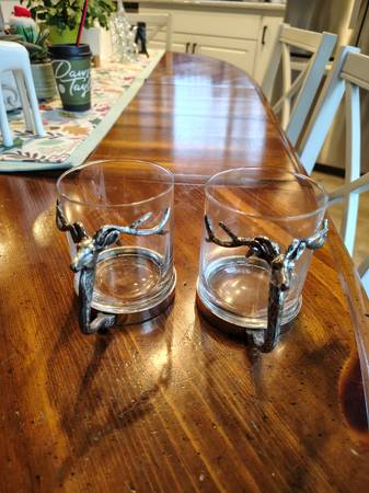 (2) Lodge Handmade Silver Pewter Stag Handled Glass Tumblers 1