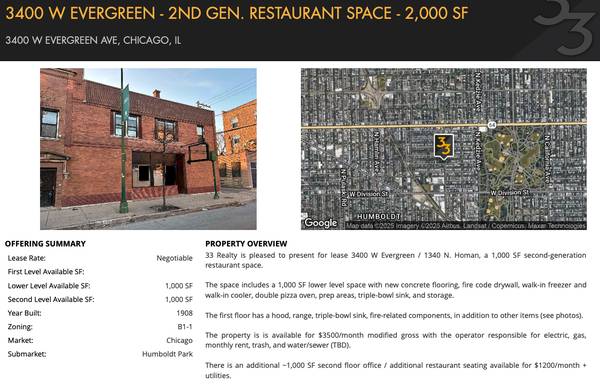 $3,500 / 2000ft2 - 3400 W Evergreen - +/-2,000 SF 2nd Gen. Restaurant Commercial Retail (Humboldt Park)64041810087810121