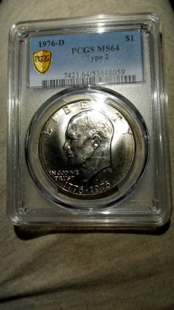 1976 D TYPE 2 'IKE' BICENTENNIAL GOLD TONED DOLLAR PCGS MS64 1