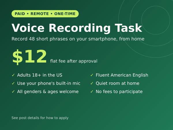 Remote Voice Recording Gig – $12 for a Short Smartphone Recording (US, 1