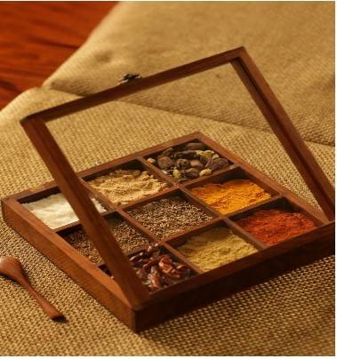 ExclusiveLane Brown Handcrafted Sheesham Wood Spice Box With Spoon 1