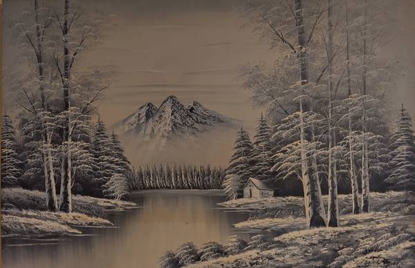 Lakeside lake winter oil painting on wood canvas 1