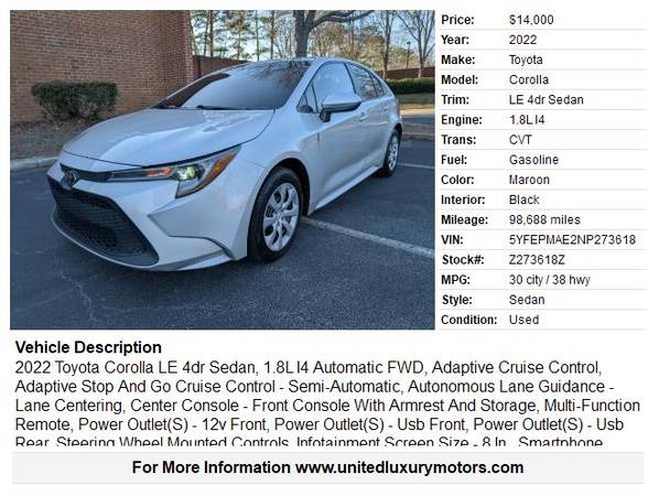 2022 Toyota Corolla LE 4dr Sedan - $14,000 (Stone Mountain)63620914575107121