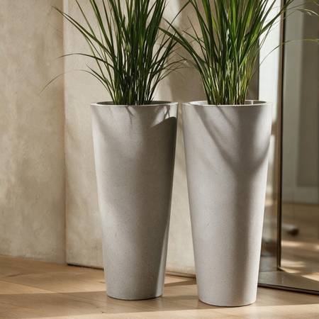 Two Modern Speckled Composite Tall Concrete-Look Tapered Planters – 28” Tall 1