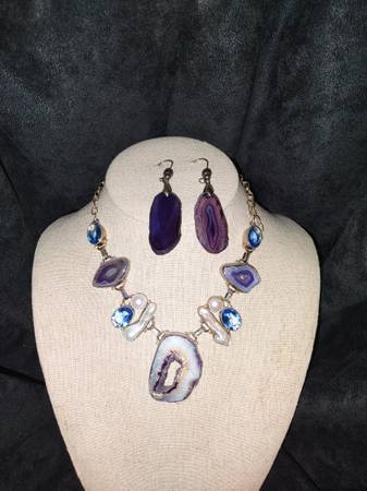 purple solar quartz, biwa pearl, tz quartz  necklace and earrings 1