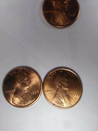 MINT RED 1990, '90D,- 1999, '99D, 1¢, LINCOLN COINS W/VARIETIES 1