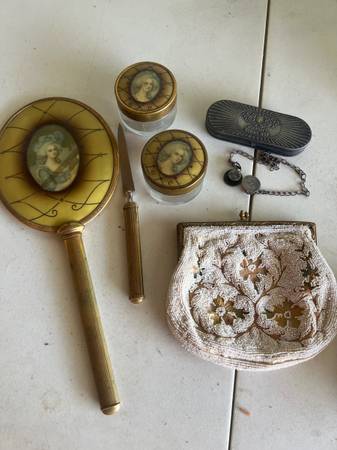 celluloid dresser set 5pc -pozzoni,s trinke/powder box beaded purse 1